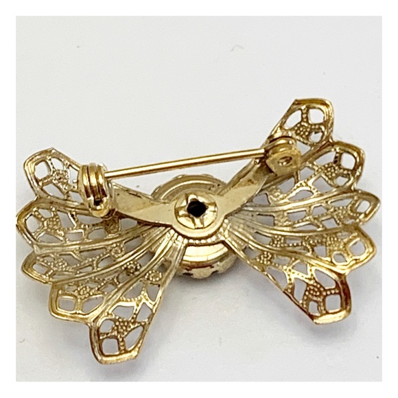 Vintage gold tone filigree bow brooch with green nephrite jade stone - Picture 3 of 7